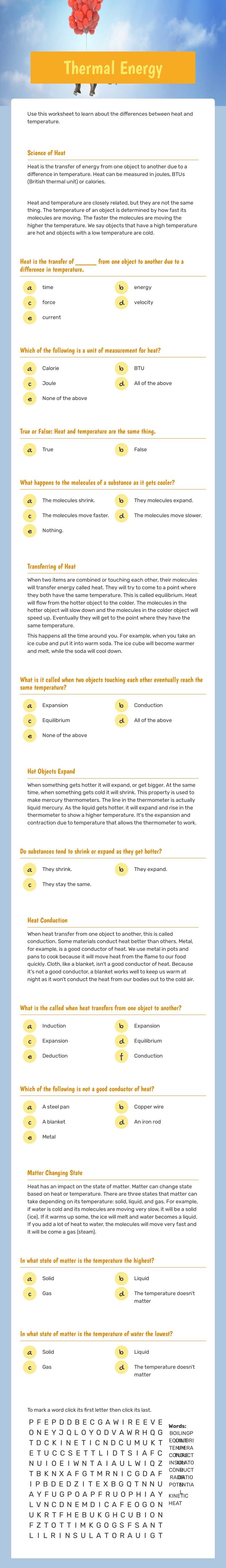 Thermal Energy worksheet preview image