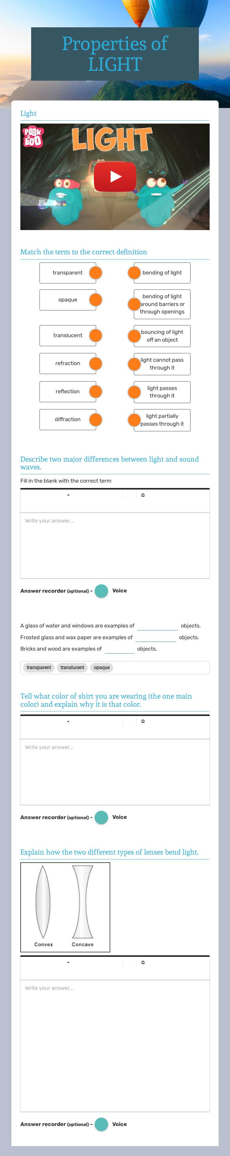 Properties of LIGHT worksheet preview image
