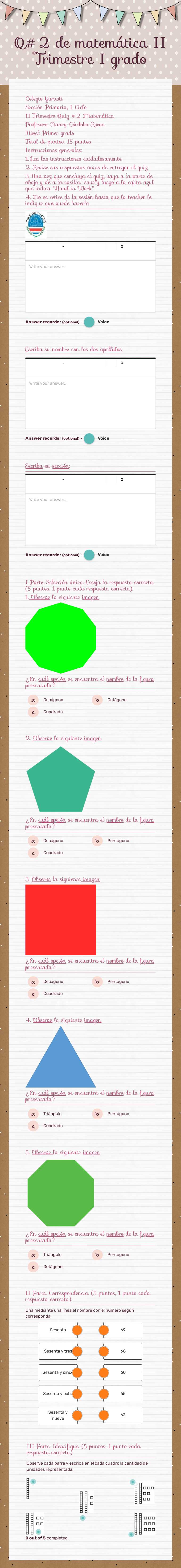 Q#2 de matemática              
                 II Trimestre                          
                              I grado worksheet preview image