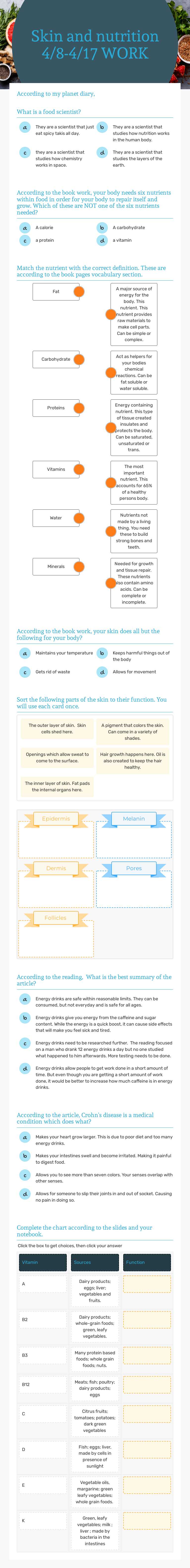 Skin and nutrition
4/8-4/17 WORK Grade 6 worksheet preview