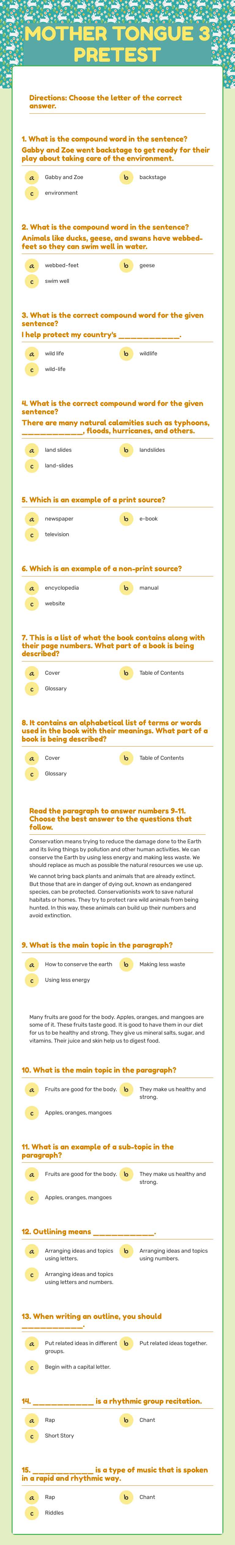 MOTHER TONGUE 3 PRETEST worksheet preview image
