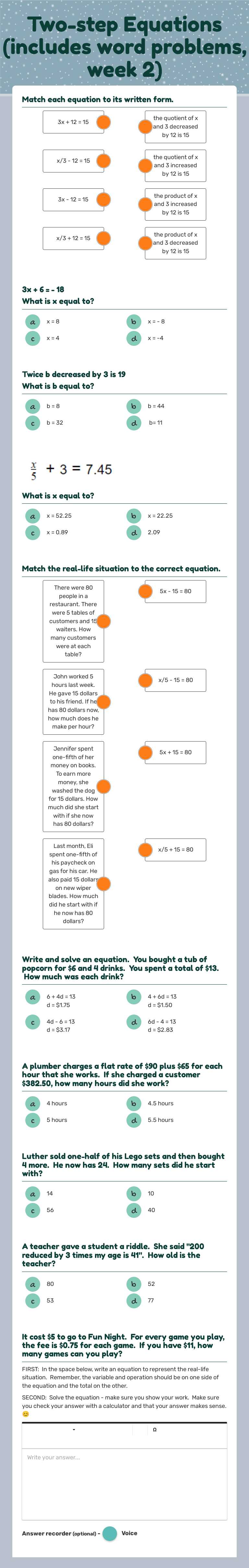 Two-step Equations (includes word problems, week 2) worksheet preview image