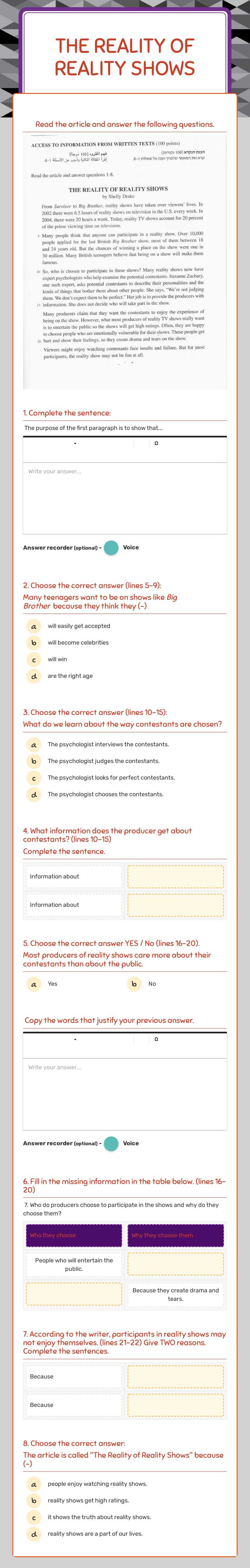 The Reality of Reality Shows worksheet preview image