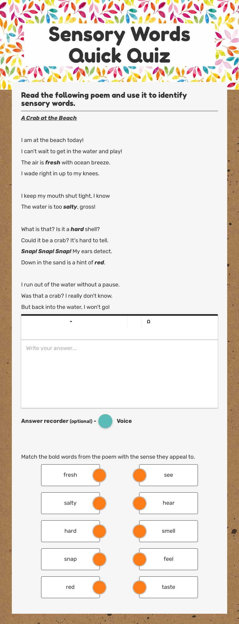 Sensory Words Quick Quiz worksheet preview image