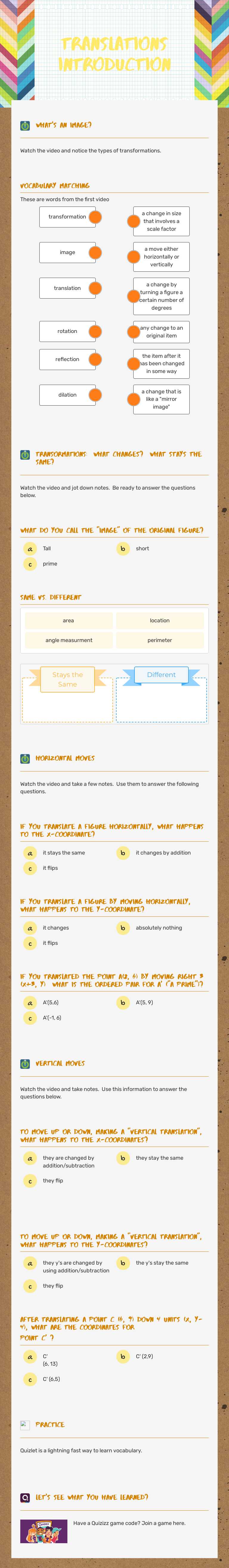 Translations Introduction worksheet preview image