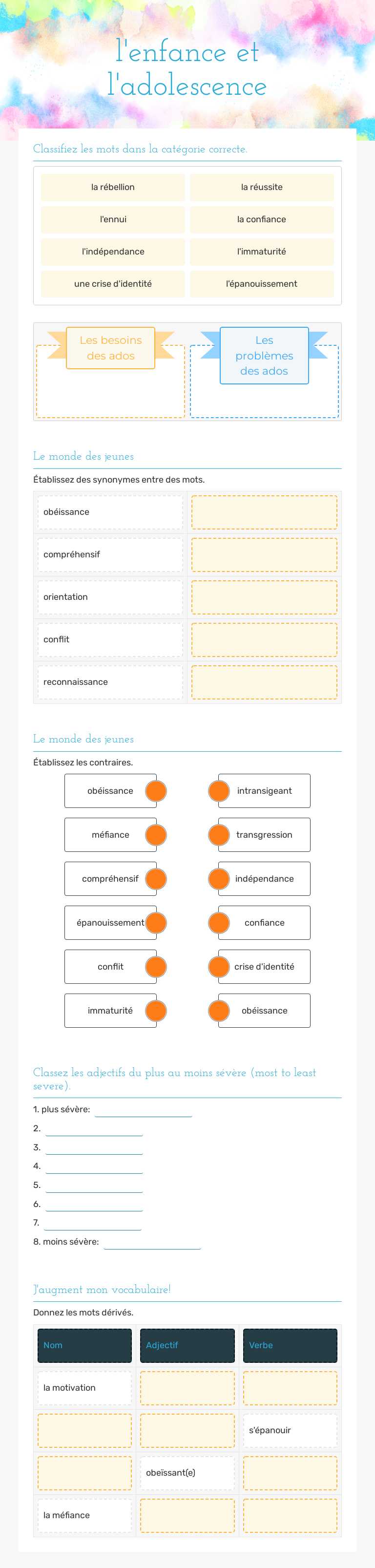 l'enfance et l'adolescence worksheet preview image