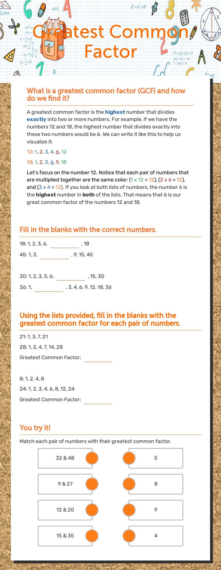 Greatest Common Factor Grade 4 worksheet preview