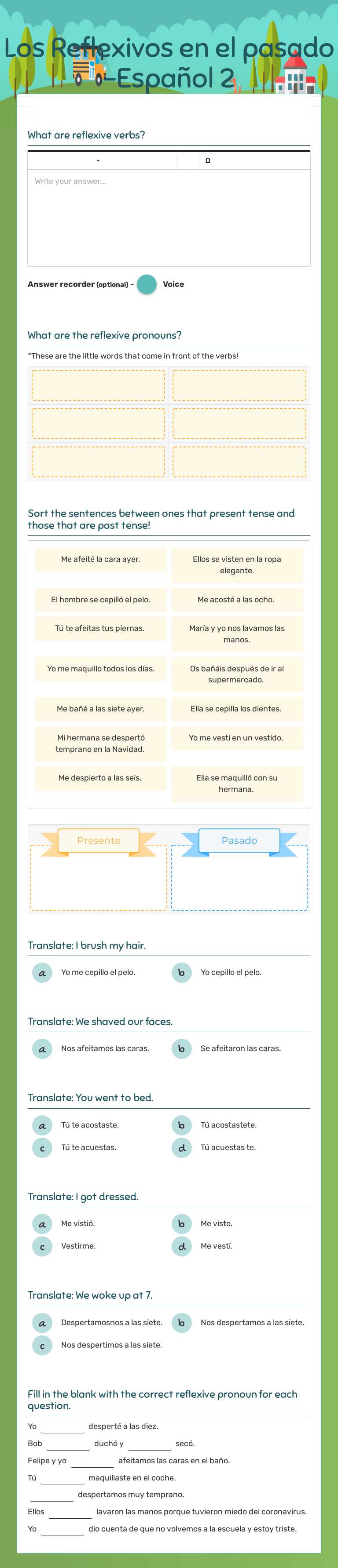 Los Reflexivos en el pasado -Español 2 Grade 10 worksheet preview