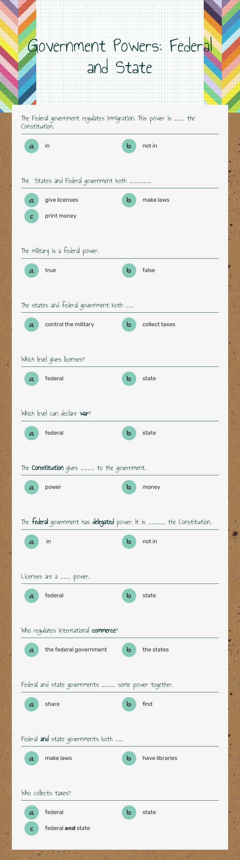 Government Powers:    Federal and State Grade 9 worksheet preview