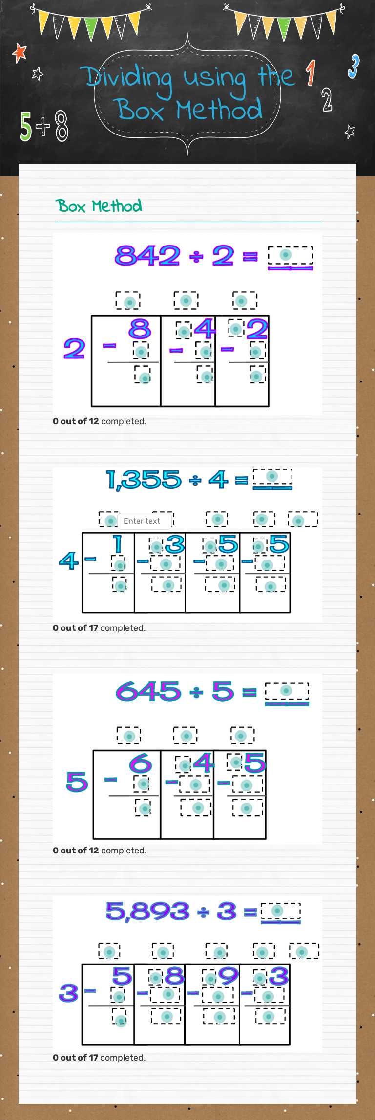 Dividing using the Box Method worksheet preview image