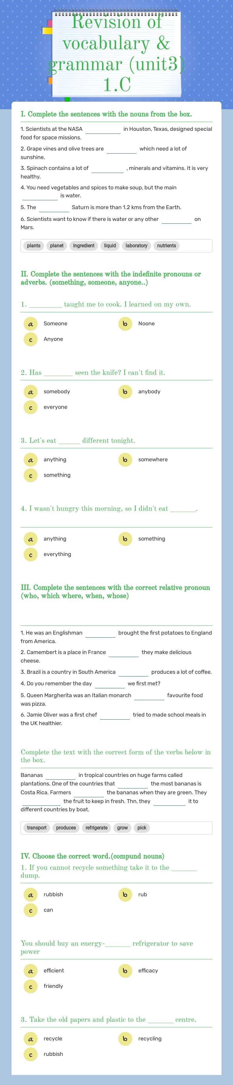Revision of vocabulary & grammar (unit3) 1.C worksheet preview image