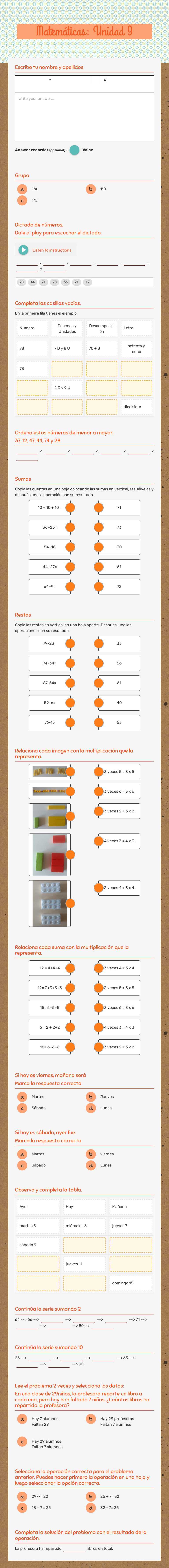 Matemáticas: Unidad 9 worksheet preview image