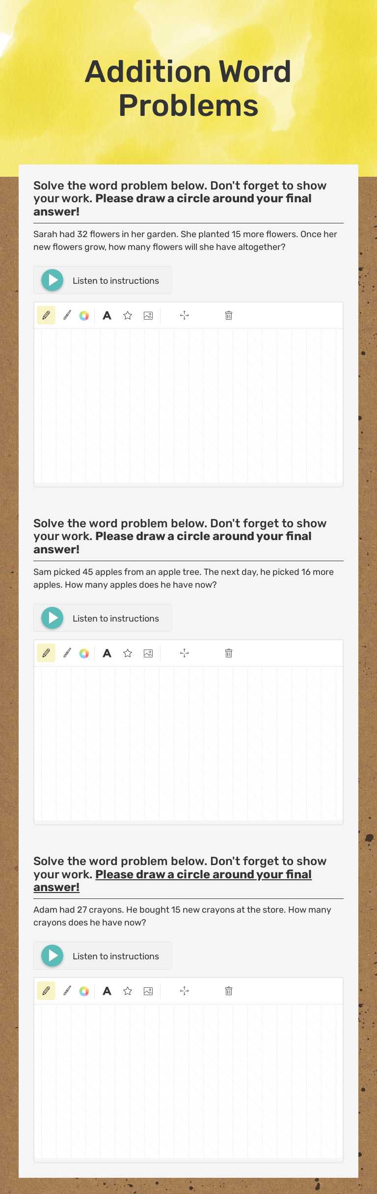 Addition Word Problems by Jacy Hensley | Interactive Worksheet | Wizer.me