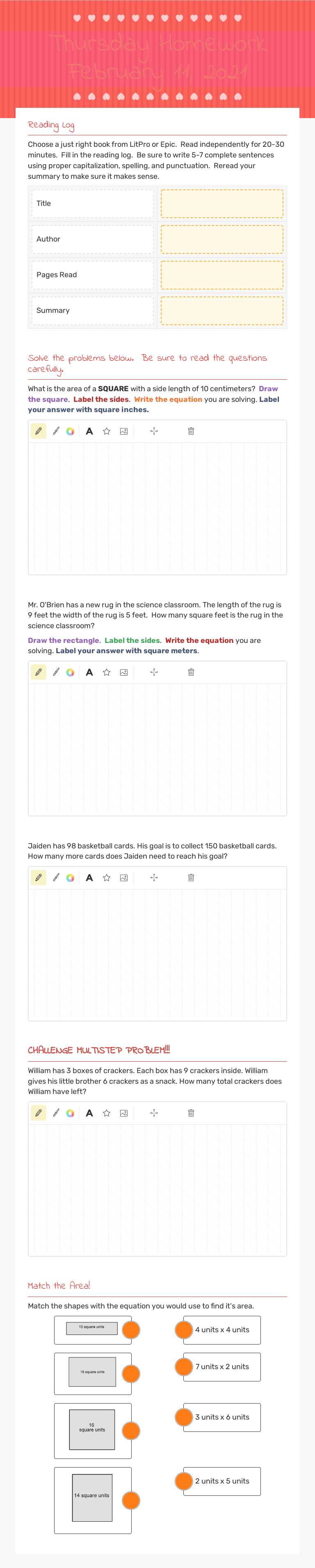 Thursday Homework February 11, 2021 Grade 3 worksheet preview