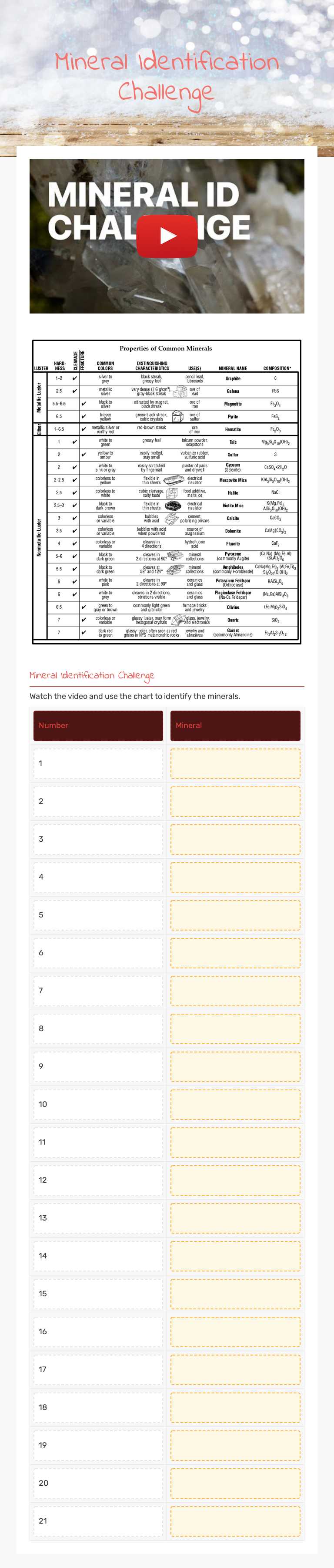 Mineral Identification Challenge Grade 6 worksheet preview