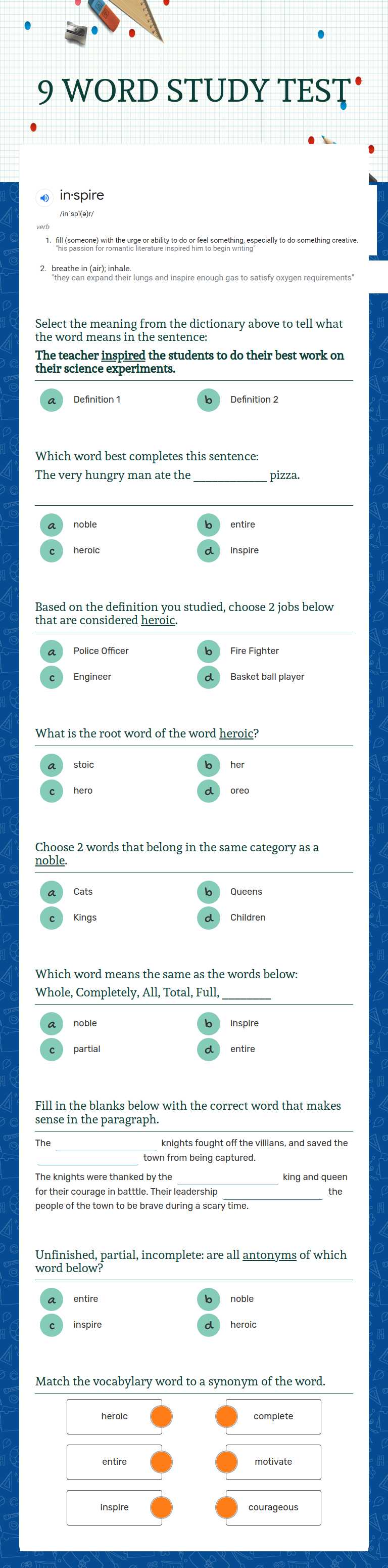 9 WORD STUDY TEST worksheet preview