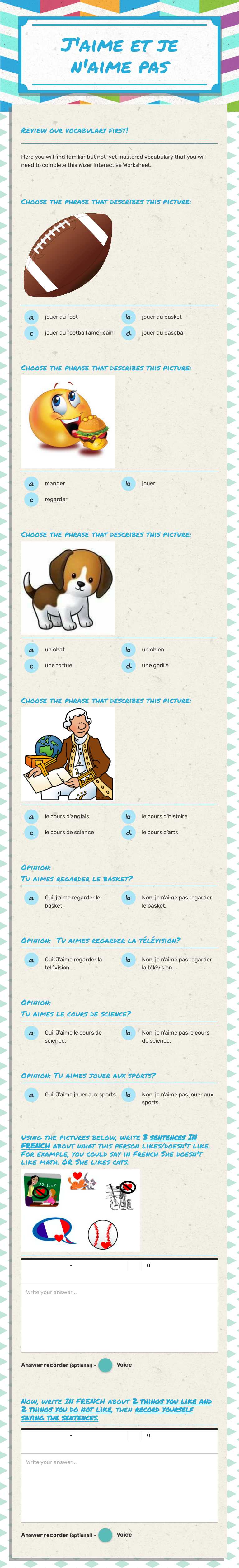 J'aime et je n'aime pas worksheet preview image