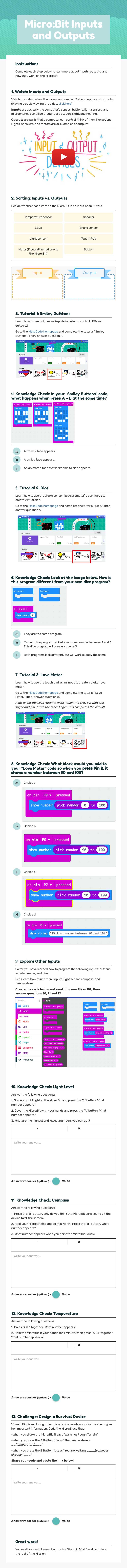 Micro:Bit Inputs and Outputs worksheet preview image