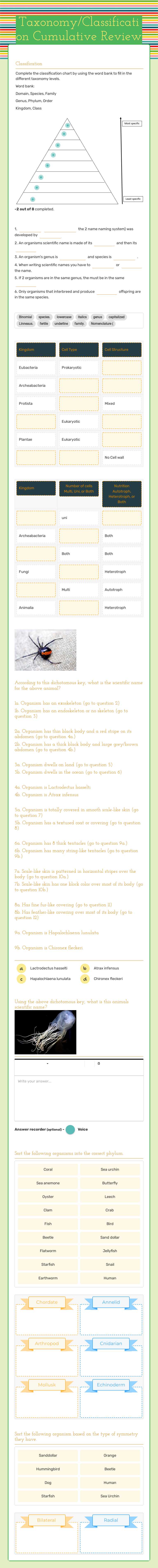 Taxonomy/Classification Cumulative Review Grade 9 worksheet preview