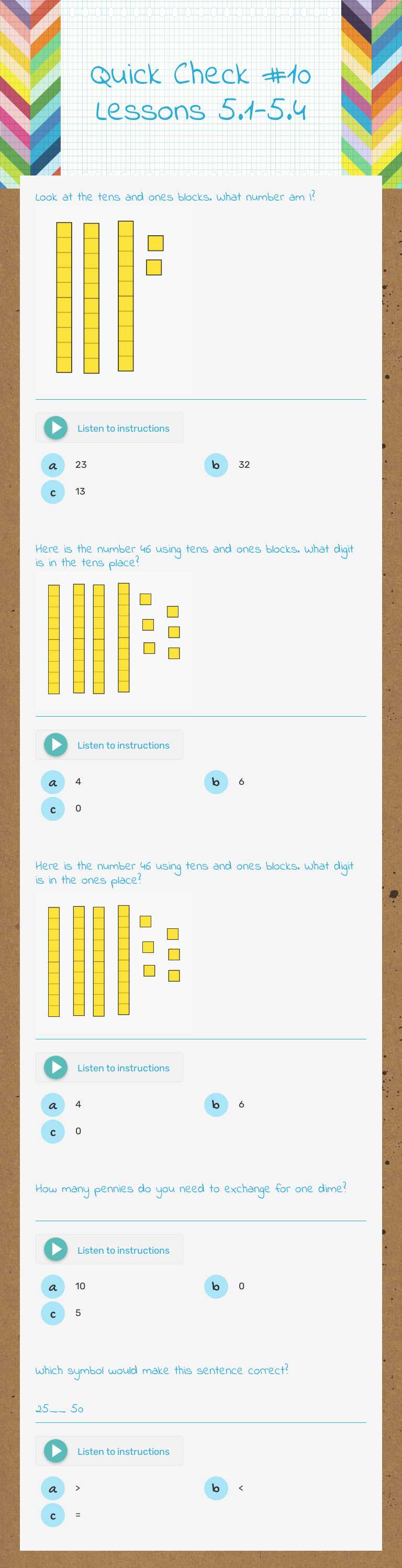 Quick Check #10 Lessons 5.1-5.4 Grade 1 worksheet preview
