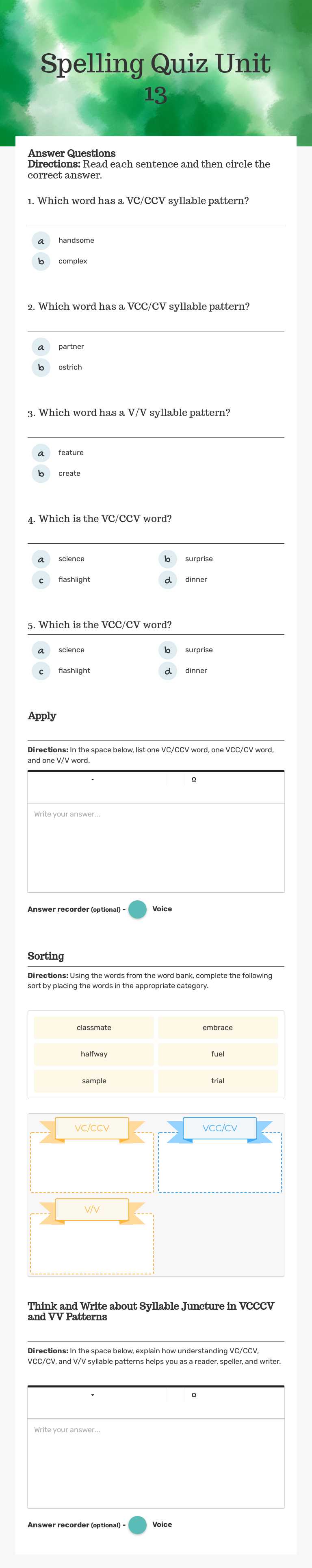 Spelling Quiz
Unit 13 worksheet preview image