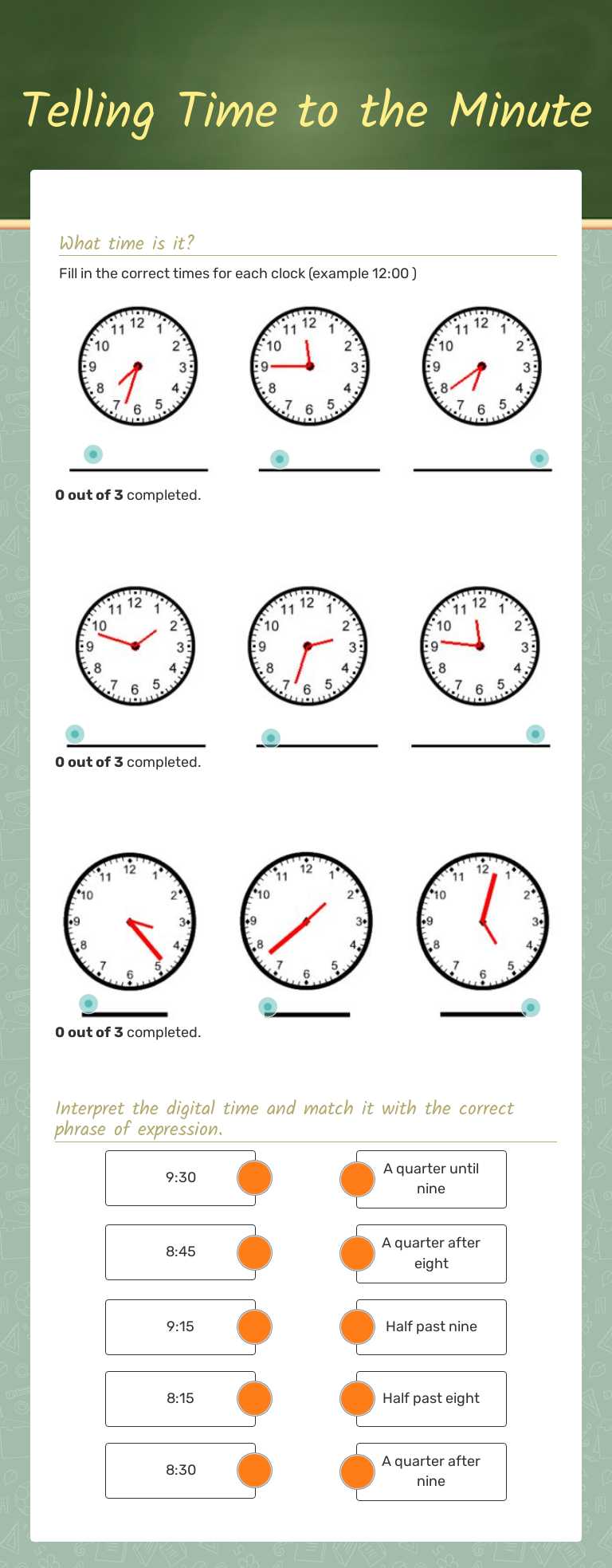 Telling Time to the Minute worksheet preview image