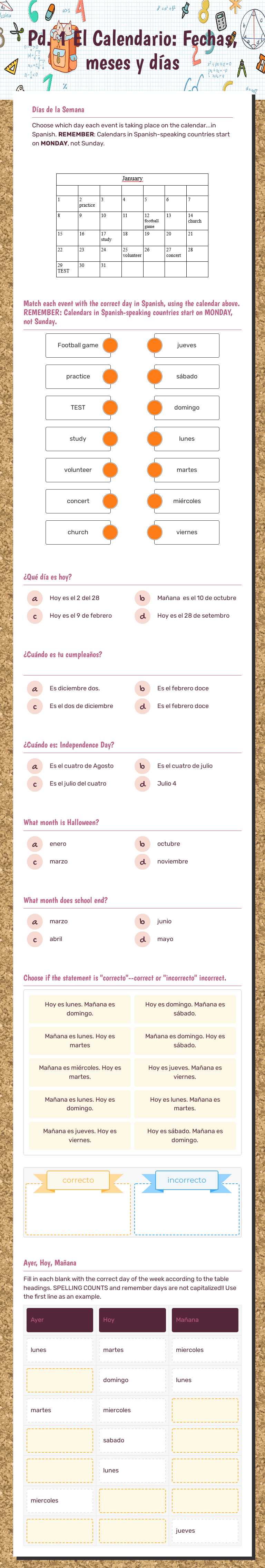 Pd. 1 El Calendario: Fechas, meses y días worksheet preview image