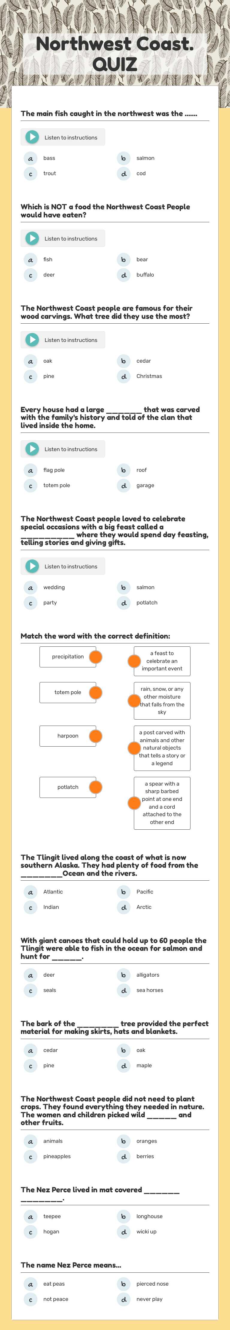 Northwest Coast.   QUIZ worksheet preview image