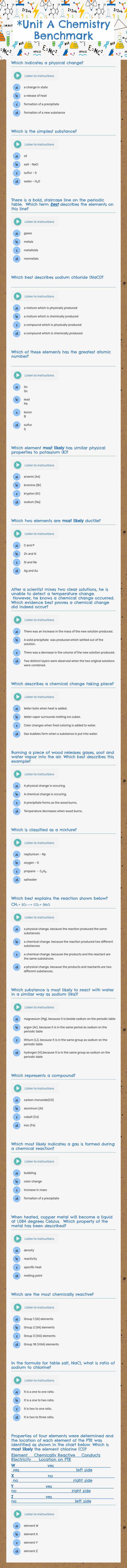 *Unit A    Chemistry Benchmark worksheet preview image