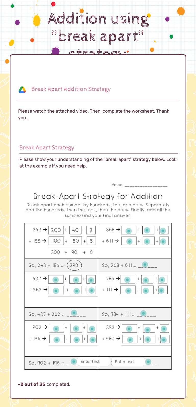Addition using "break apart" strategy Grade 3 worksheet preview