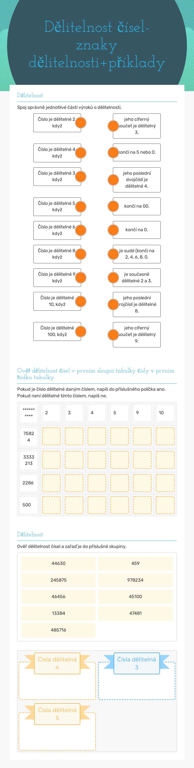 Dělitelnost čísel- znaky dělitelnosti+příklady worksheet preview image