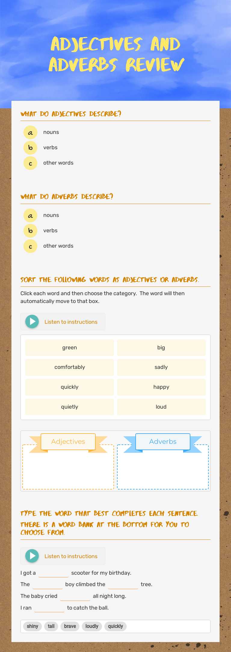Adjectives and Adverbs review worksheet preview image