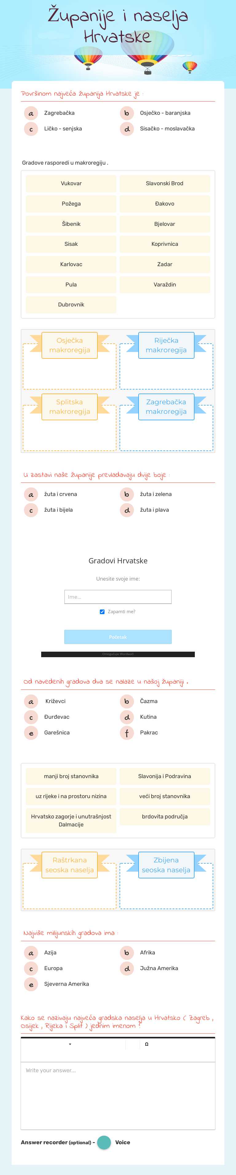 Županije i naselja Hrvatske worksheet preview image