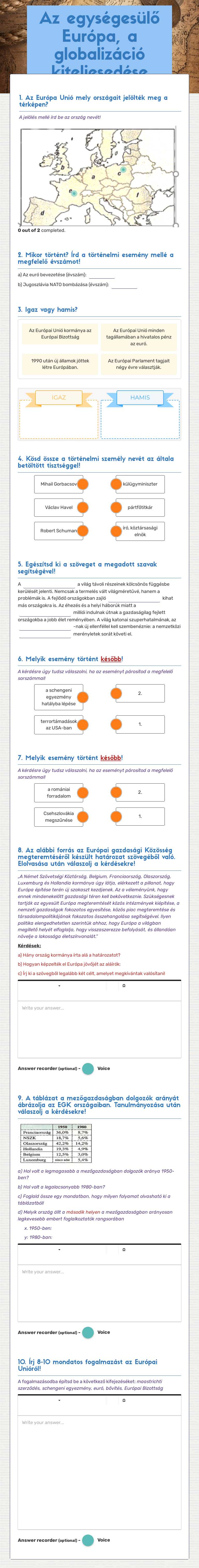 Az egységesülő Európa, a globalizáció kiteljesedése worksheet preview image