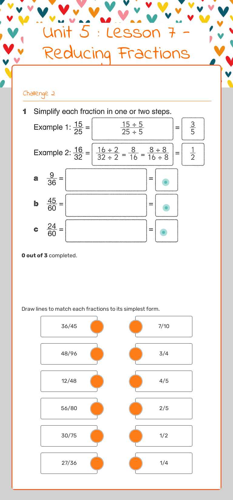 Unit 5 : Lesson 7 - Reducing Fractions worksheet preview image