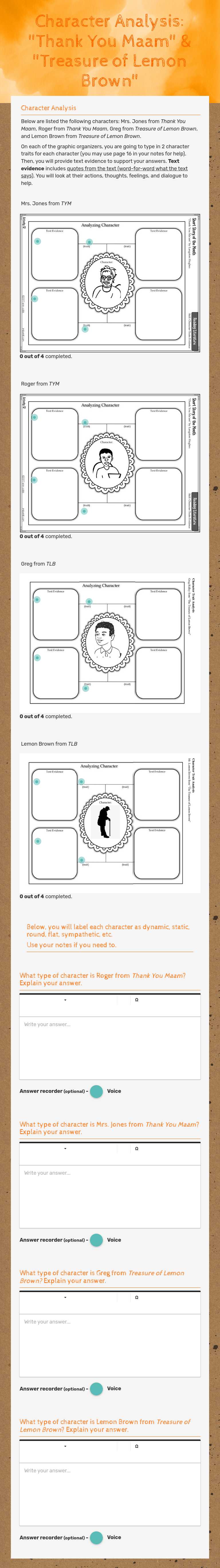 Character Analysis: "Thank You Maam" & "Treasure of Lemon Brown" Grade 7 worksheet preview