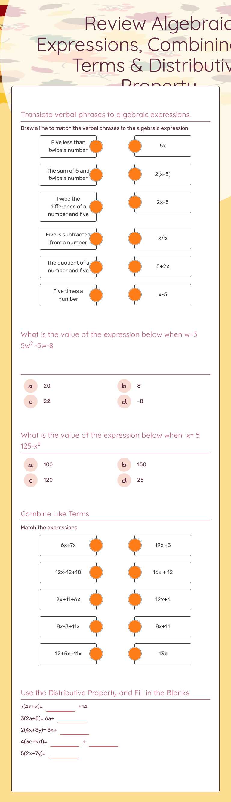 Review
Algebraic Expressions, Combining Like Terms & Distributive Property worksheet preview image