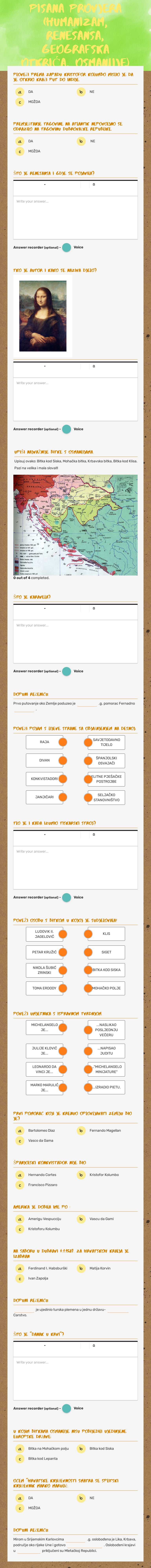 PISANA PROVJERA (HUMANIZAM, RENESANSA, GEOGRAFSKA OTKRIĆA, OSMANLIJE) worksheet preview image
