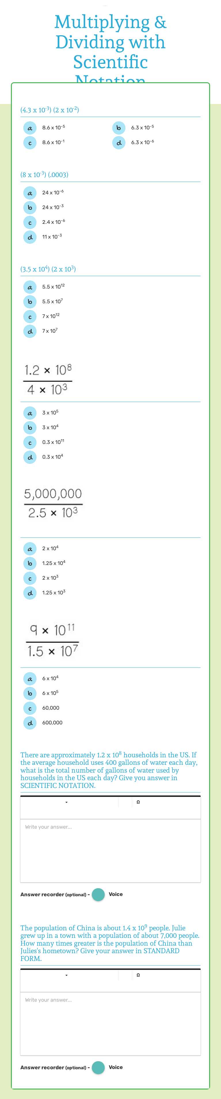 Multiplying & Dividing with Scientific Notation Grade 8 worksheet preview