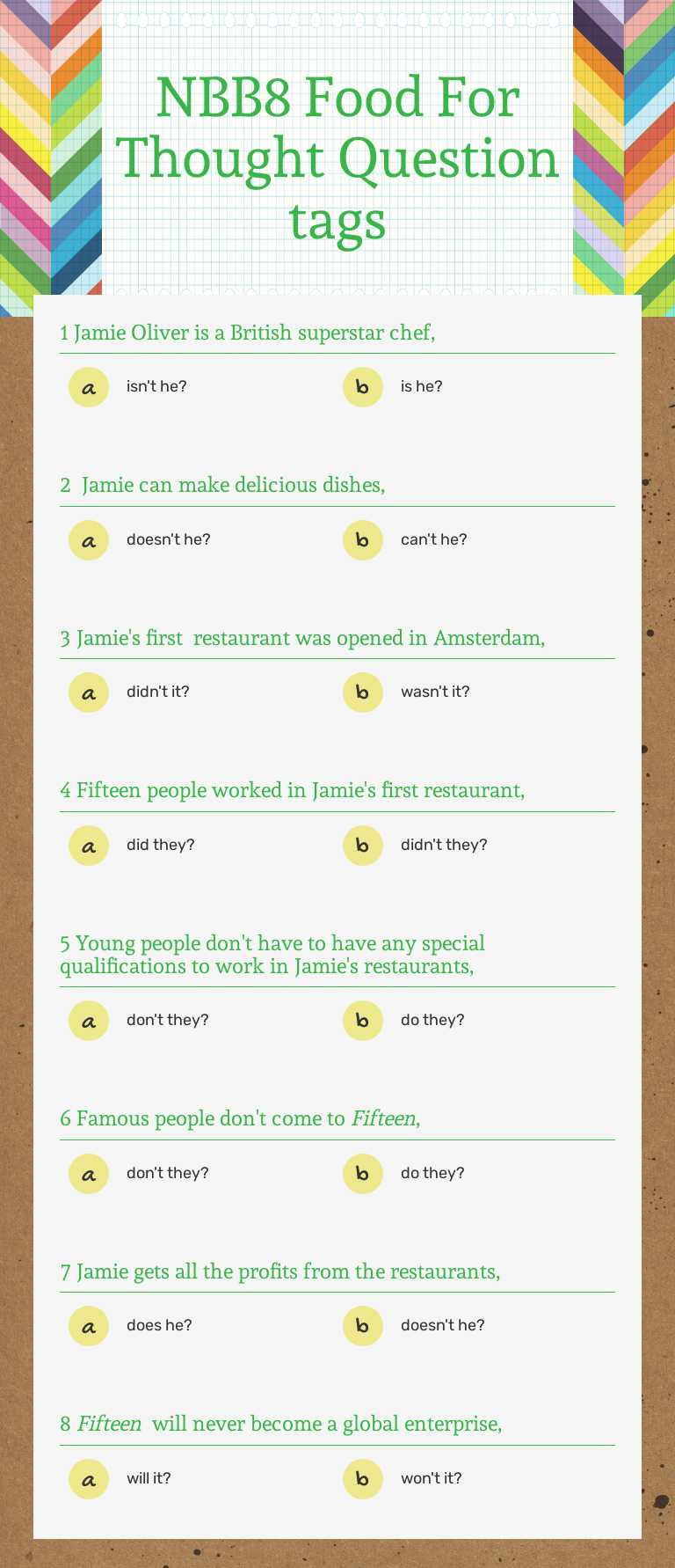 NBB8 Food For Thought Question tags worksheet preview image