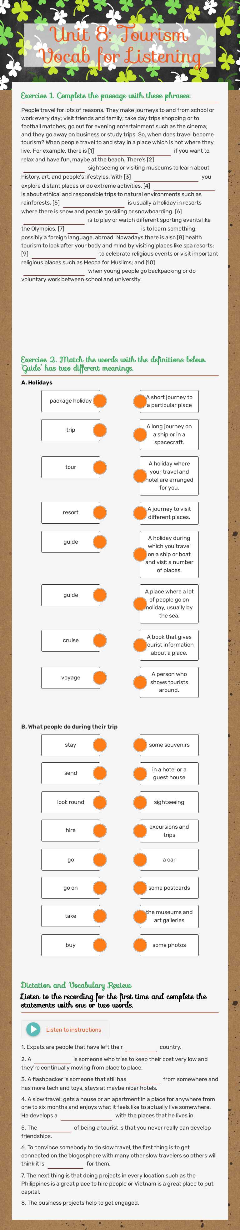 Unit 8: Tourism      Vocab for Listening worksheet preview image