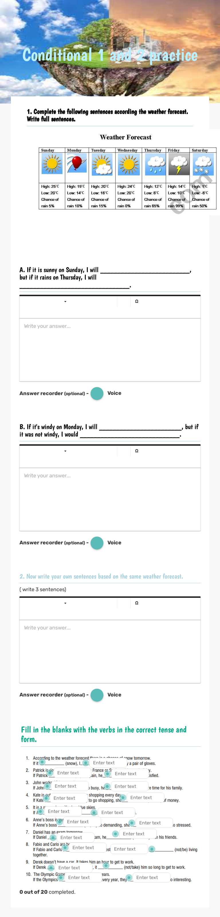 Conditional 1 and 2 practice worksheet preview image