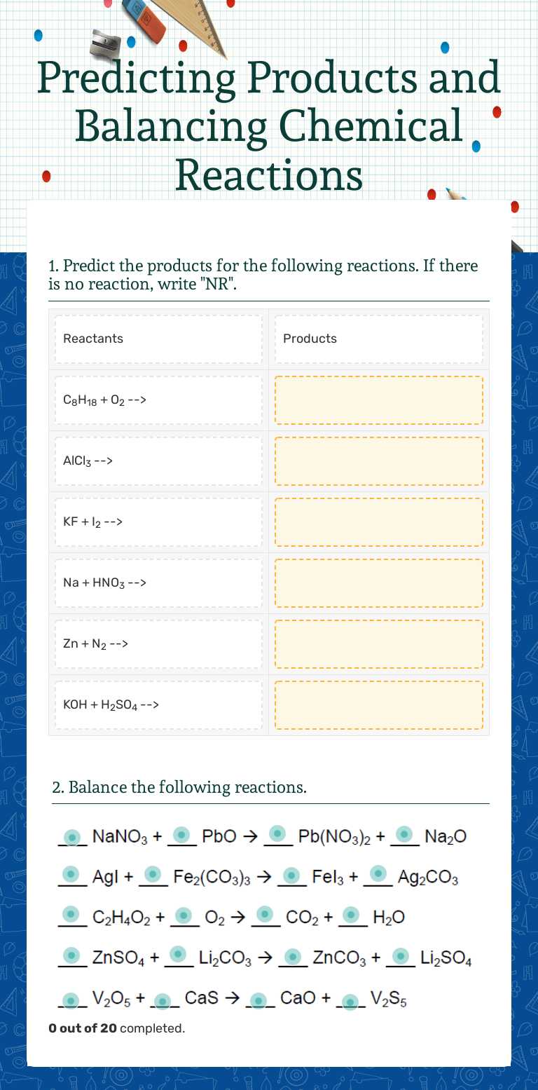 Predicting Products and Balancing Chemical Reactions worksheet preview image