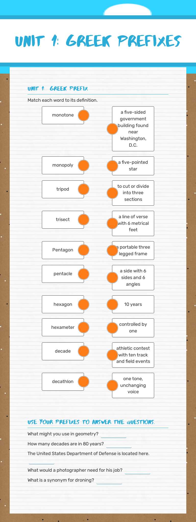 Unit 1: Greek prefixes Grade 4 worksheet preview