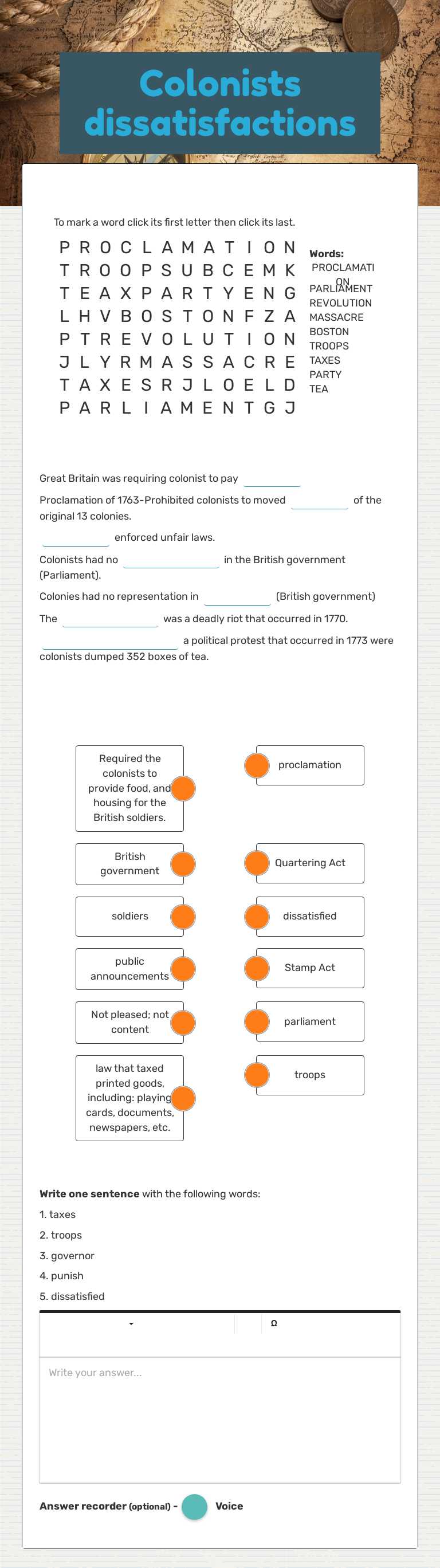 Colonists dissatisfactions worksheet preview image