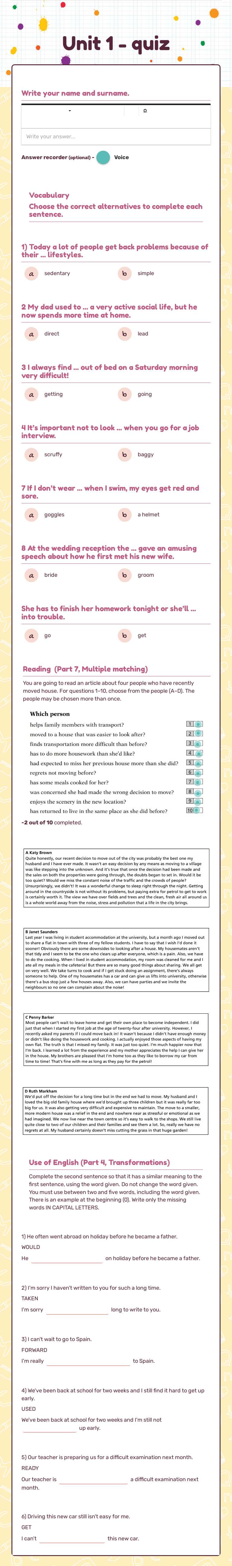Unit 1 - quiz worksheet preview image
