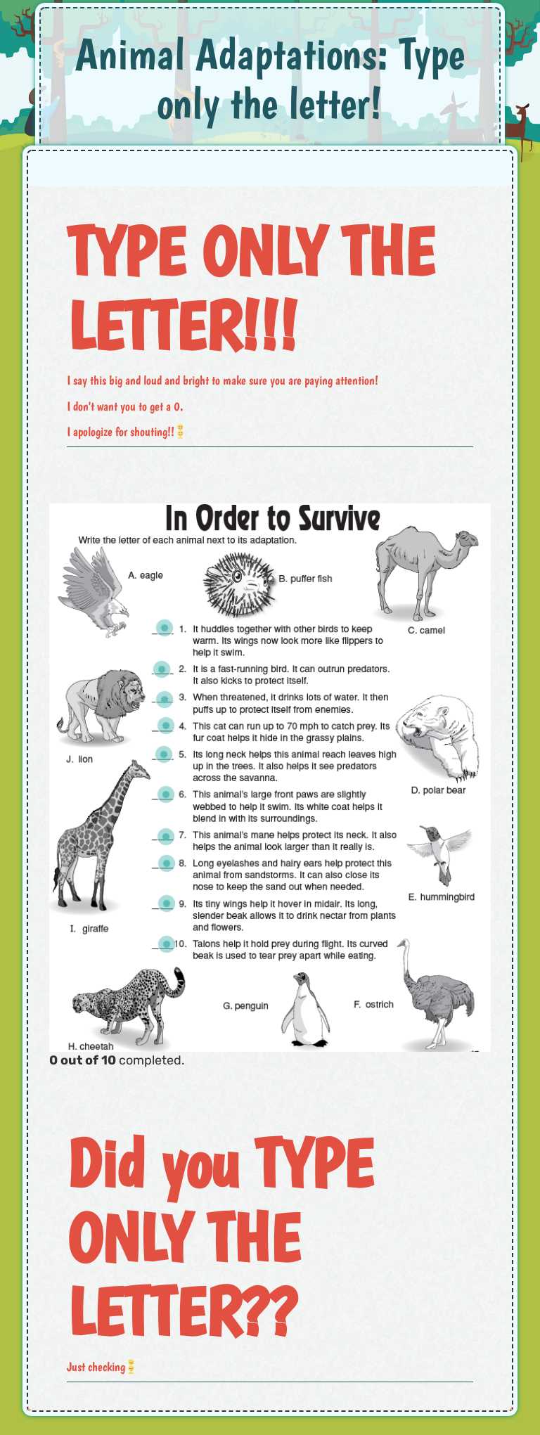 Animal Adaptations: Type only the letter! worksheet preview image