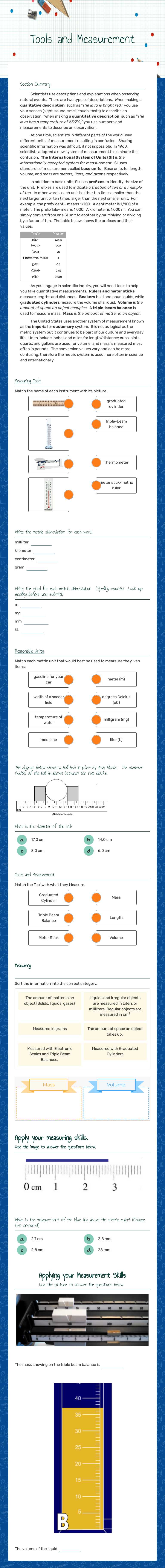 Tools and Measurement worksheet preview image