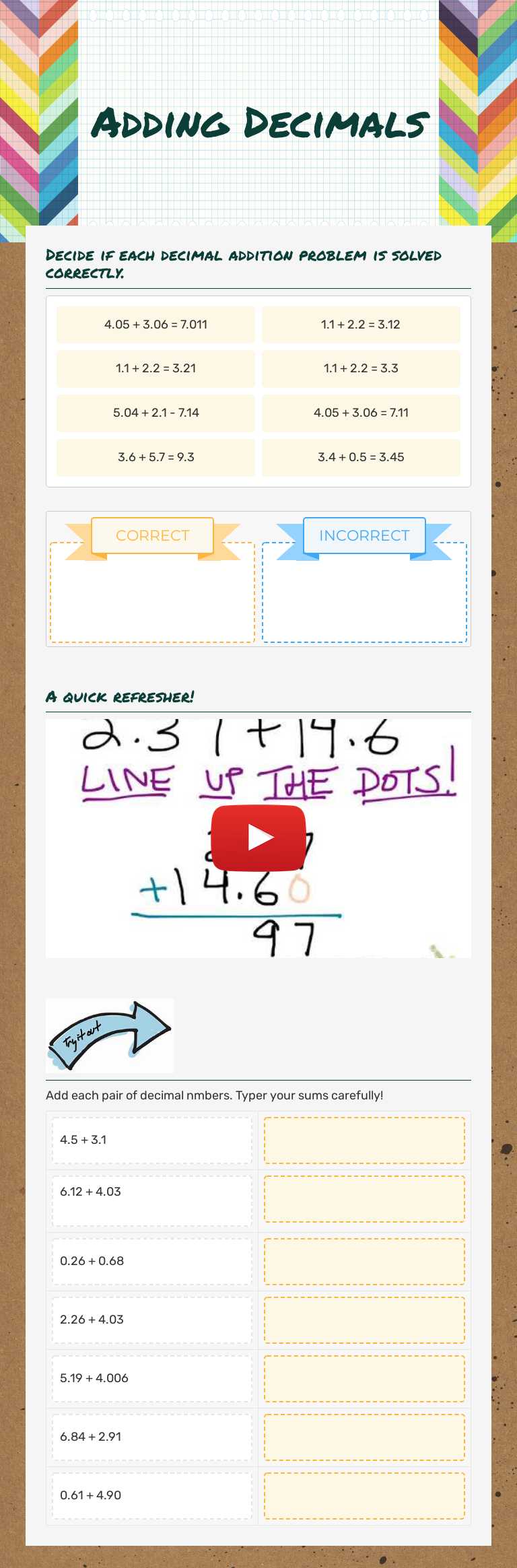 Adding Decimals worksheet preview image