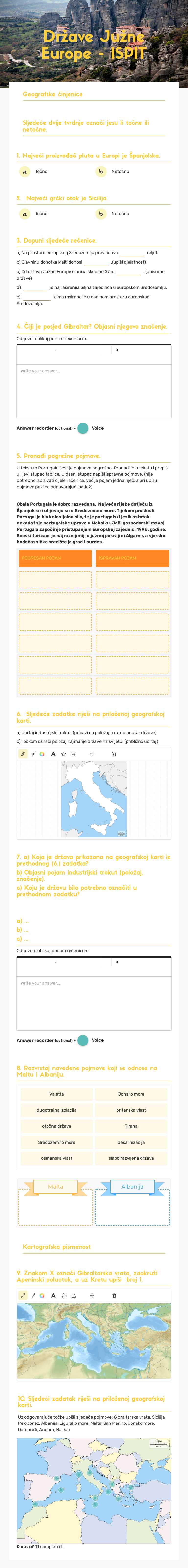 Države Južne Europe - ISPIT Grade 7 worksheet preview